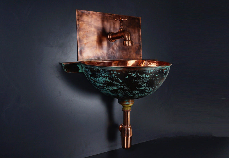 Rustic Oxidized Copper Wall Mount Vessel Bathroom Sink