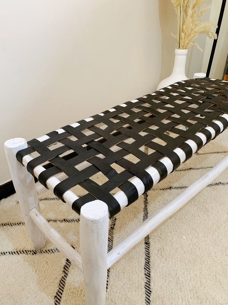 White Leather Wood Bench - Boho Handmade Wooden Bench