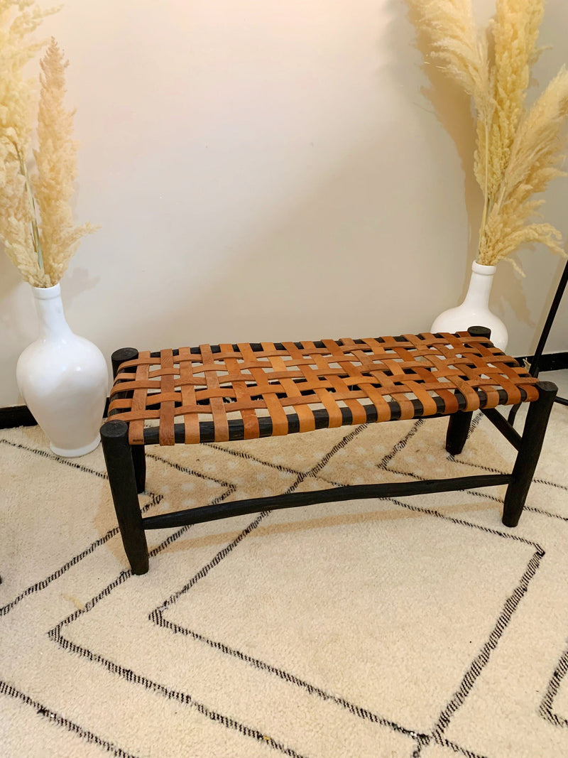 Wooden Leather Bedroom Bench - Boho Wood Bench