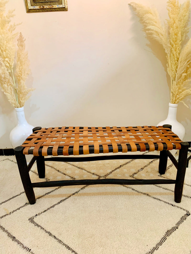 White Leather Wood Bench - Boho Handmade Wooden Bench