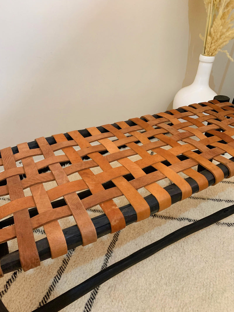 Wooden Leather Bedroom Bench - Boho Wood Bench