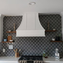White Range Hood With Curved Strapped Front and Decorative Trim - 30", 36", 42", 48", 54" and 60" Widths Available