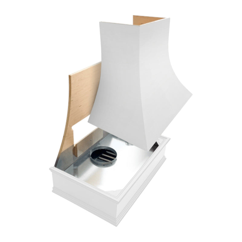 White Wood Range Hood With Angled Strapped Front and Block Trim - 30", 36", 42", 48", 54" and 60" Widths Available