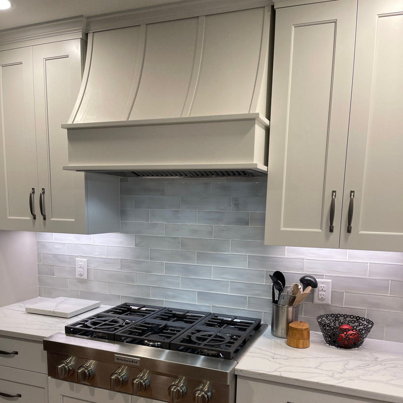 White Wood Range Hood With Sloped Strapped Front and Decorative Trim - 30", 36", 42", 48", 54" and 60" Widths Available