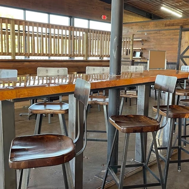 FREE SHIPPING -- Scooped Seat Bar Stools With Backs, Counter Height Stools, Brew Haus Industrial Bar Stools, Reclaimed Wood Bar Stools
