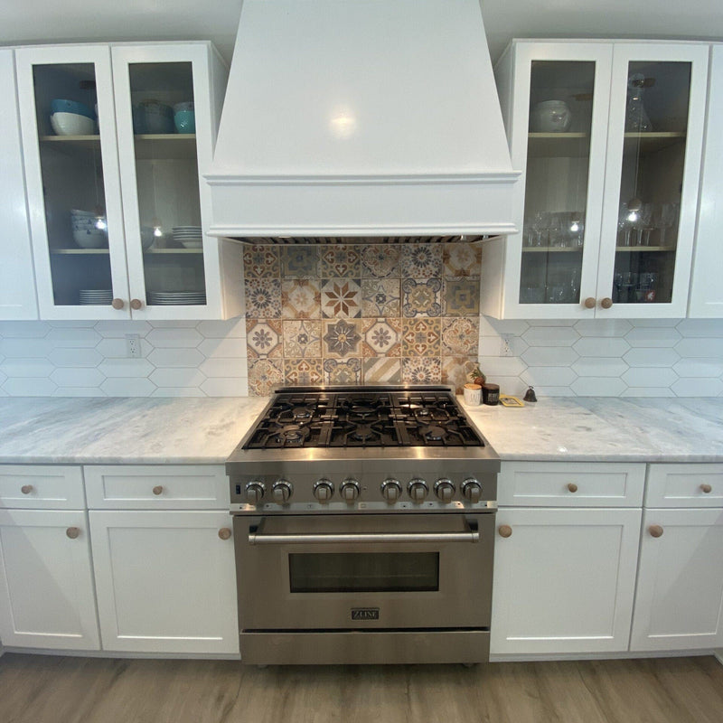 White Wood Range Hood With Tapered Front and Decorative Trim - 30", 36", 42", 48", 54" and 60" Widths Available