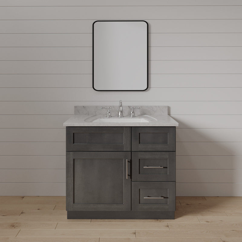 30 Inch Gray Stained Shaker Single Sink Bathroom Vanity with Drawers on the Right