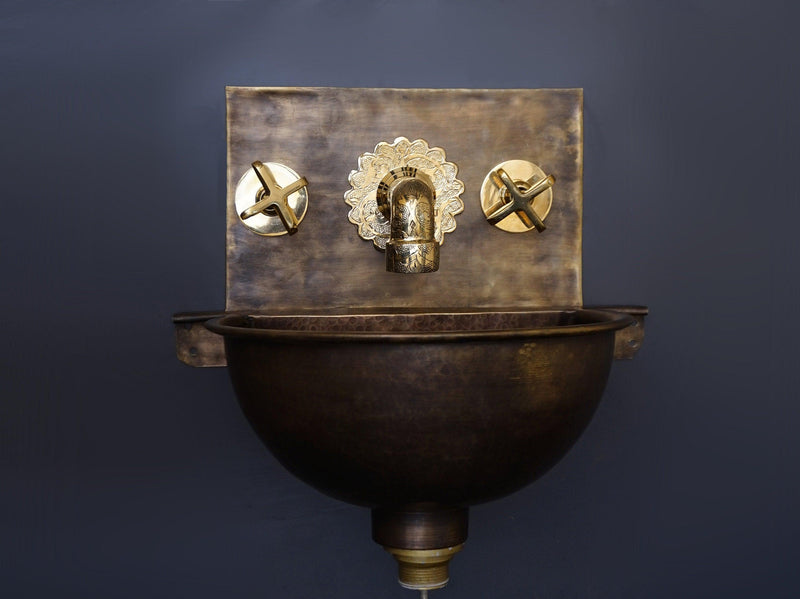 Hammered Patina Brass Wall Mount Sink With Solid Brass Faucet