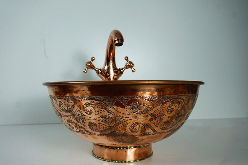 Antique Engraved Copper Vessel Sink Bathroom - Engraved Coppery Bowl Sink