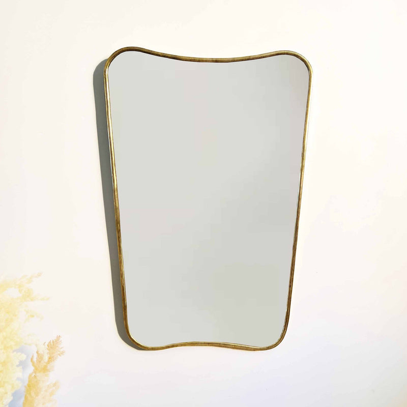 Italian Curved Antiqued Brass Mirror | Butterfly Irregular Shape | Gold Brass Bathroom Mirror