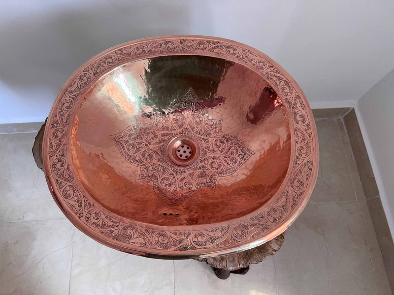 Copper Brass Sink - Oval Drop-In Engraved Bathroom Sink