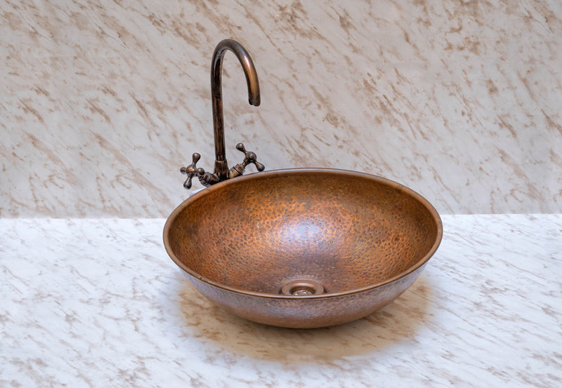 Round Aged Copper Vessel Sink Bathroom