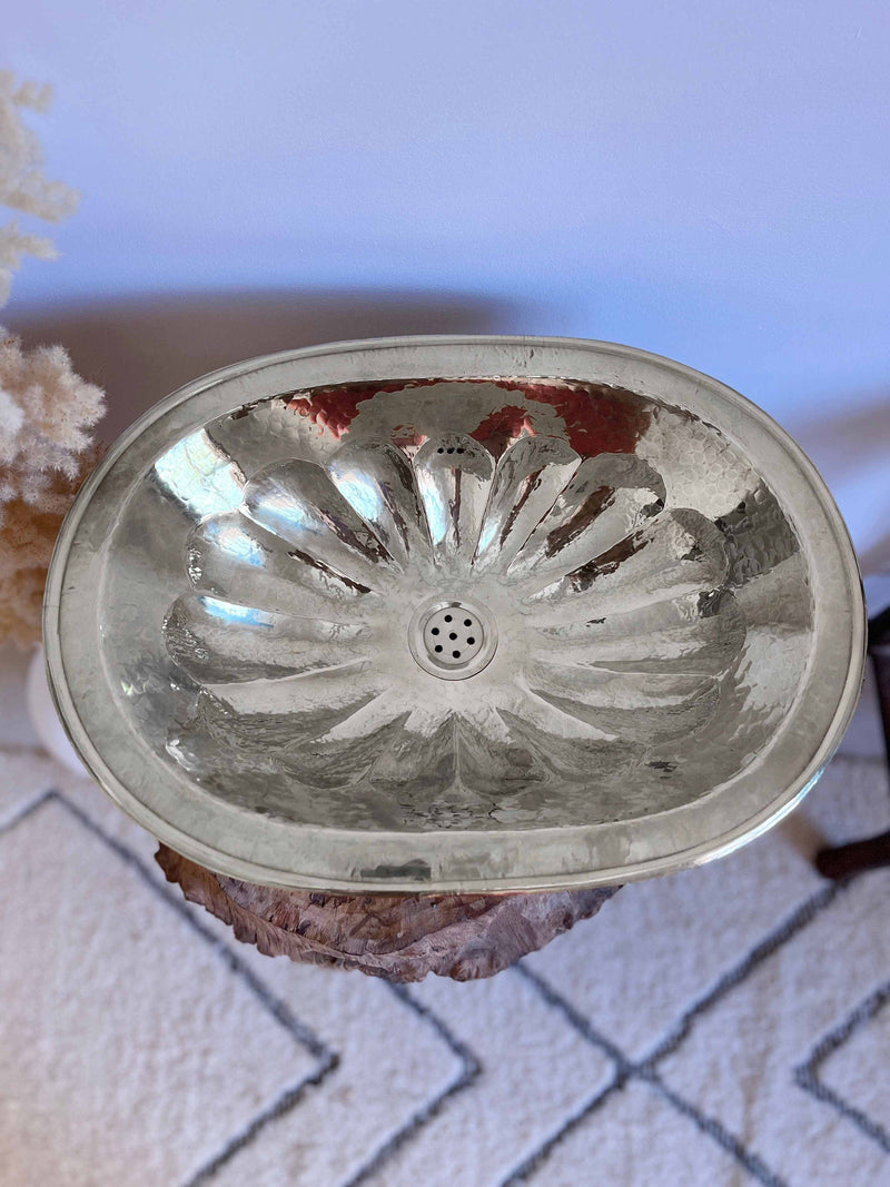 Silver Brass Sink, Oval Drop-in Brass Bathroom Sink, Antique Brass Sink, Flower Bathroom Brass sink, Hammered Brass, Aged Brass Sink