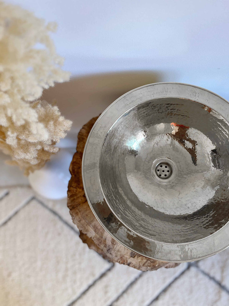 Silver Brass Basin Sink - Hammered Bathroom Basin