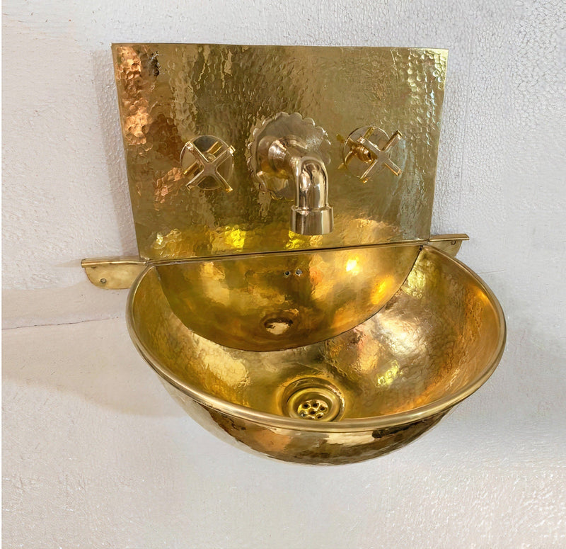 Unlacquered Brass Wall Mount Bathroom Sink and Faucet Combo