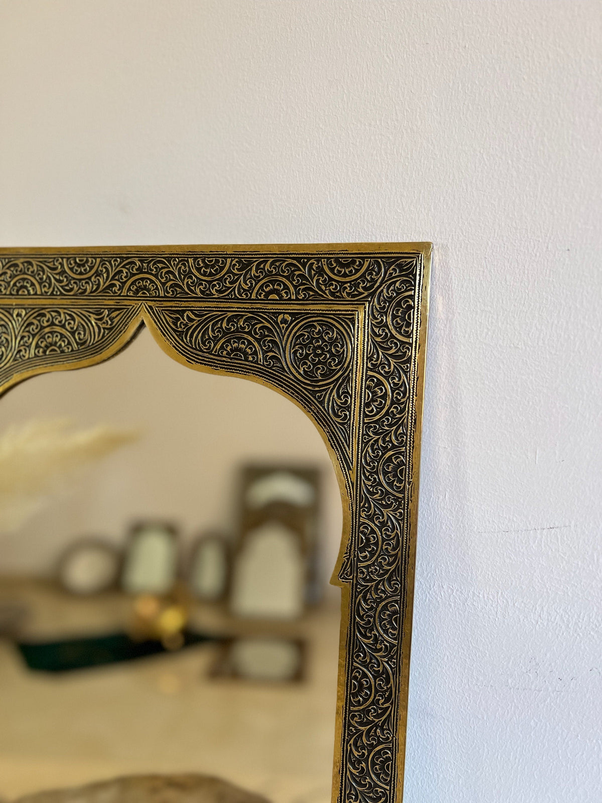 Moroccan Engraved Brass Wall Mirror, photo 9 of 14
