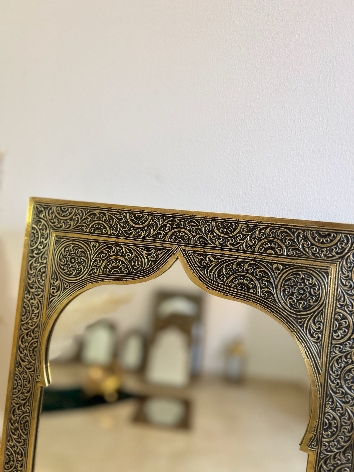 Moroccan Engraved Brass Wall Mirror, photo 10 of 14