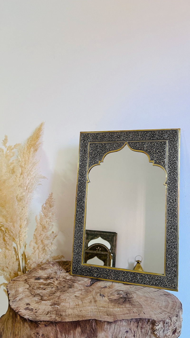 Moroccan Gold Brass Hand-Engraved Mirror