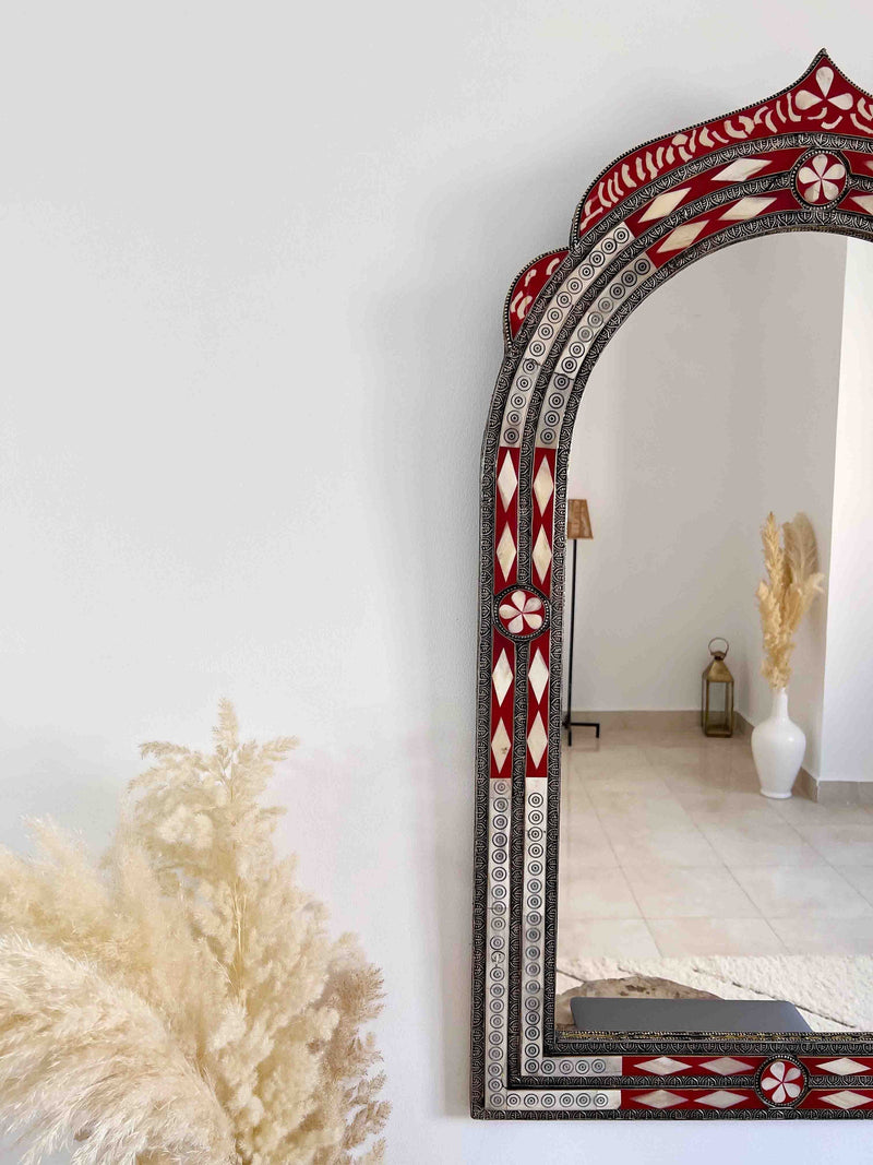 Vintage Moroccan Mirror - Arch Bone Inlay Red Frame Mirror
