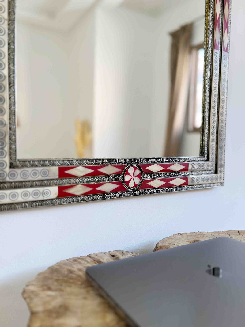 Vintage Moroccan Mirror - Arch Bone Inlay Red Frame Mirror