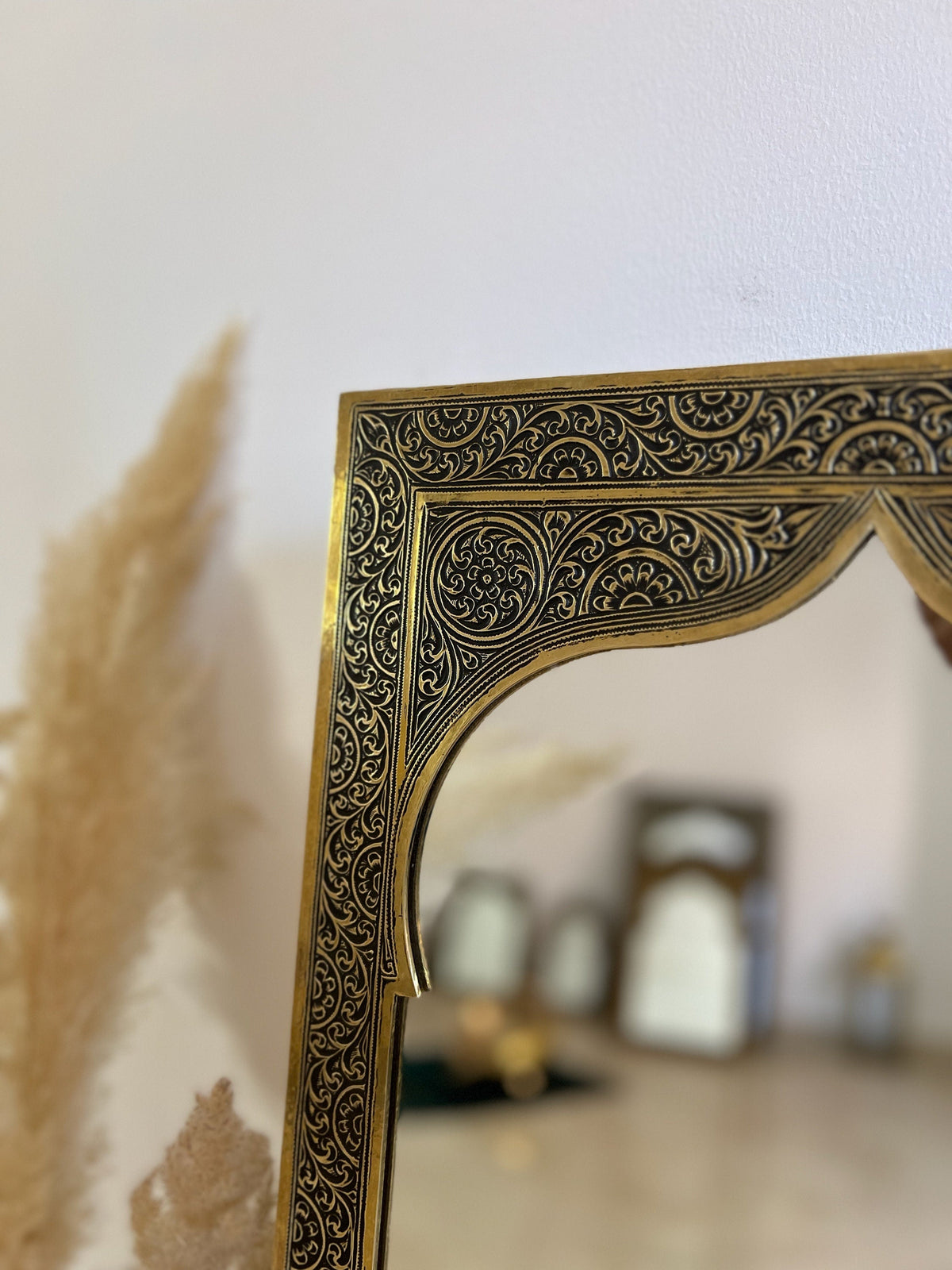 Moroccan Engraved Brass Wall Mirror, photo 6 of 14