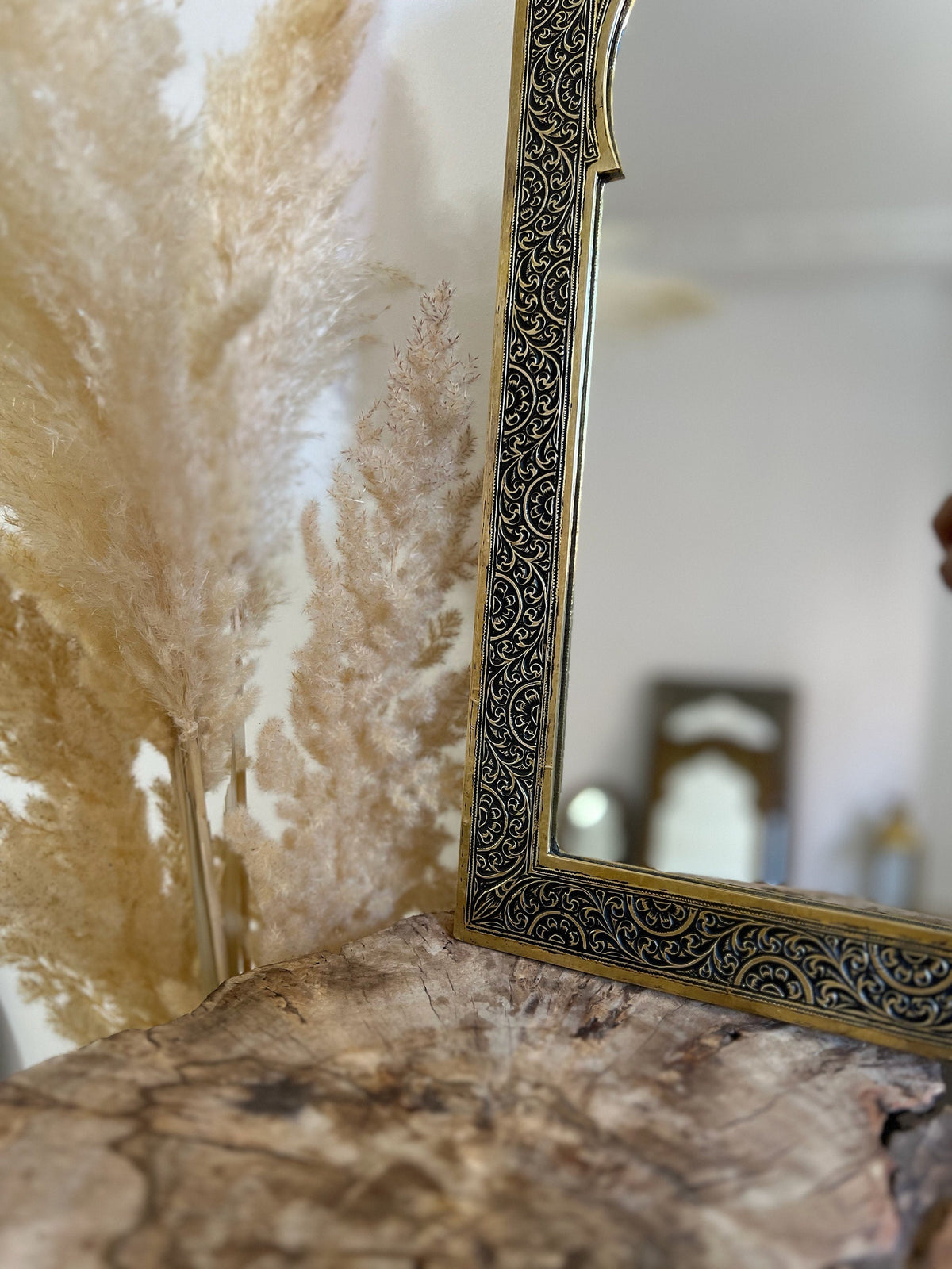 Moroccan Engraved Brass Wall Mirror, photo 7 of 14