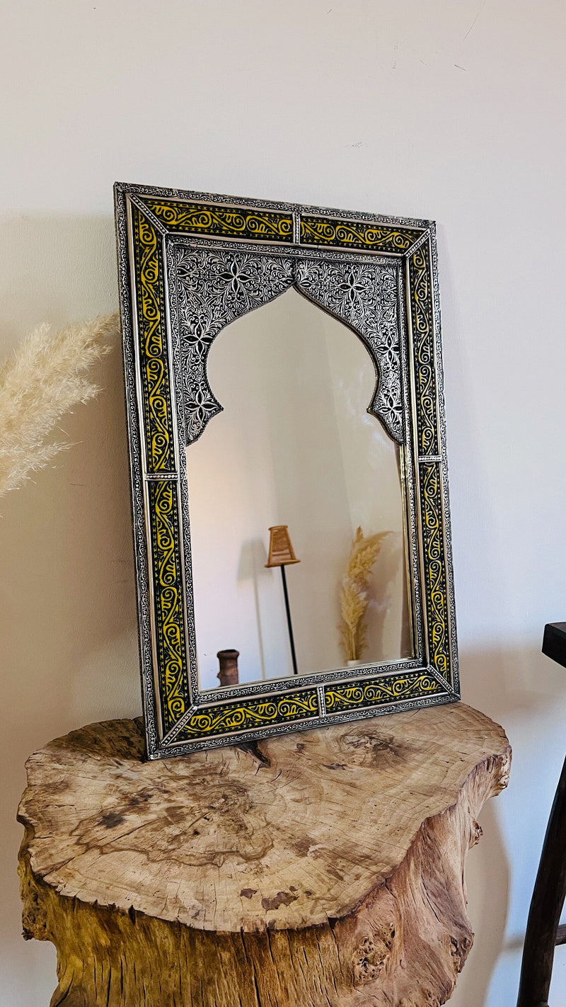 Handmade Moroccan Mirror - Engraved Yellow Frame Mirror