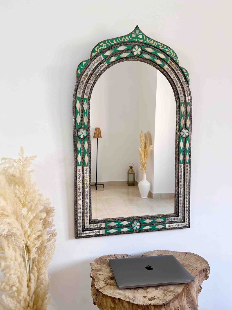 Vintage Moroccan Mirror - Arch Bone Inlay Red Frame Mirror