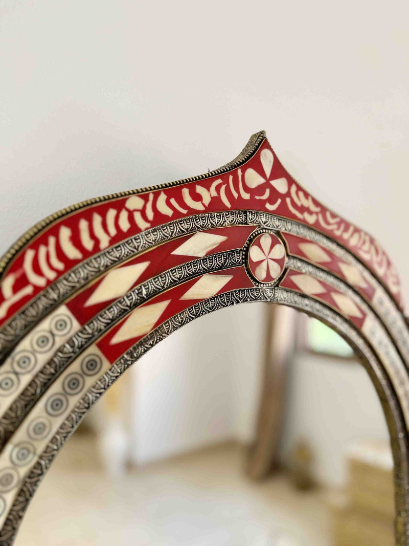 Vintage Moroccan Mirror - Arch Bone Inlay Red Frame Mirror