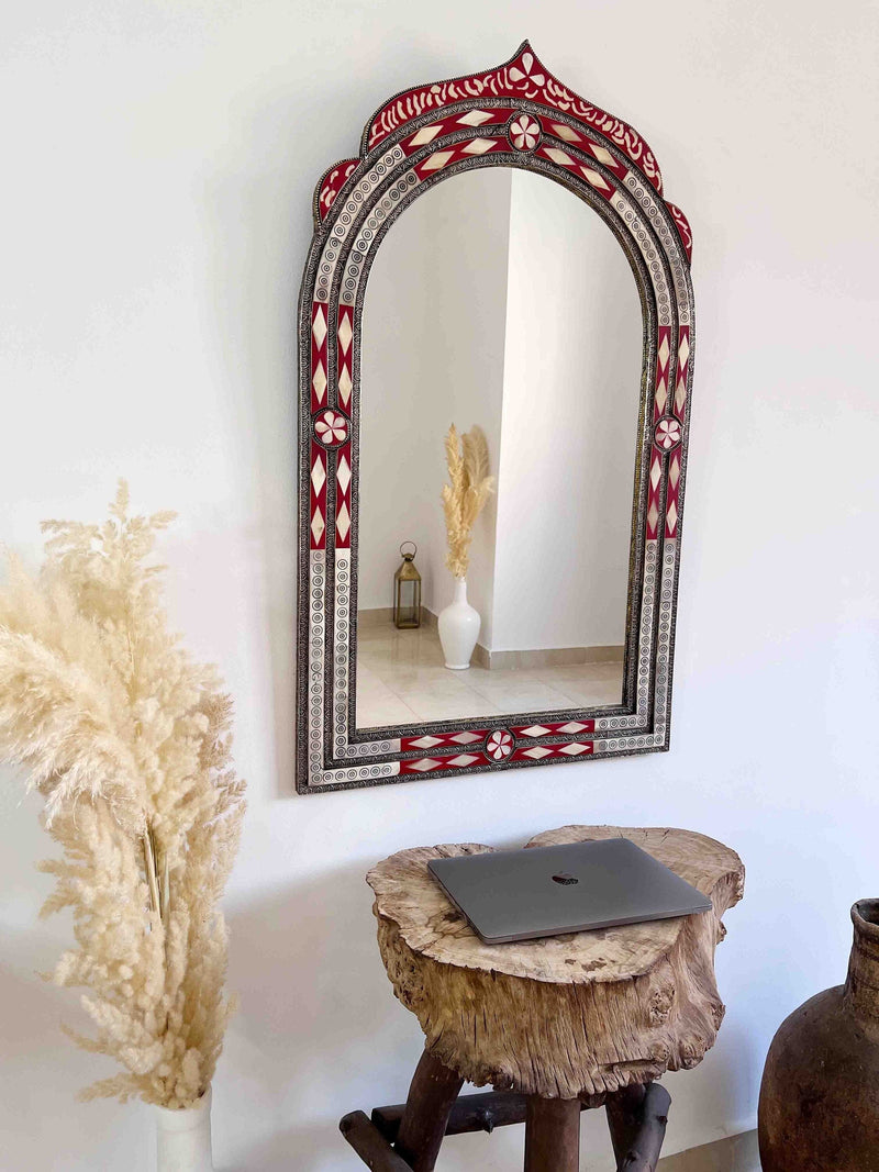 Vintage Moroccan Mirror - Arch Bone Inlay Red Frame Mirror