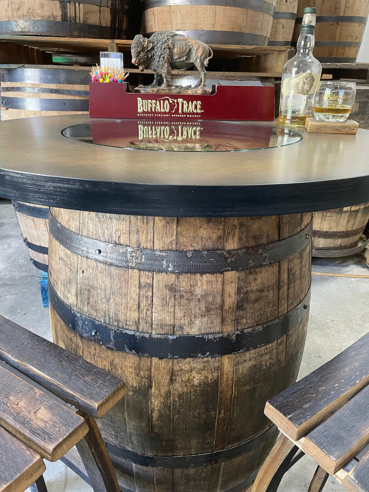 Custom made Bourbon Barrel Bistro/Pub Table Table with cabinet base and glass insert- Custom designed laser engraving available, photo 4 of 20