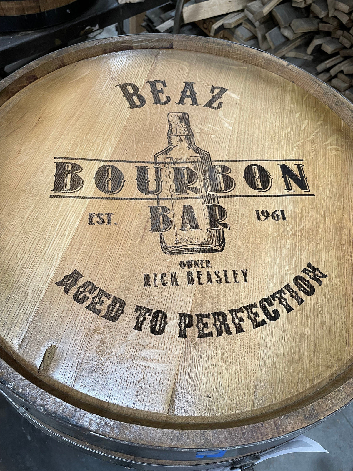 Custom made Bourbon Barrel Bistro/Pub Table Table with glass insert- Custom designed laser engraving available, photo 9 of 20