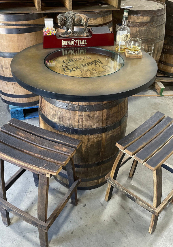Custom made Bourbon Barrel Bistro/Pub Table Table with glass insert- Custom designed laser engraving available