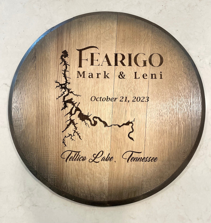 Custom made Bourbon Barrel Bistro/Pub Table Table with glass insert- Custom designed laser engraving available