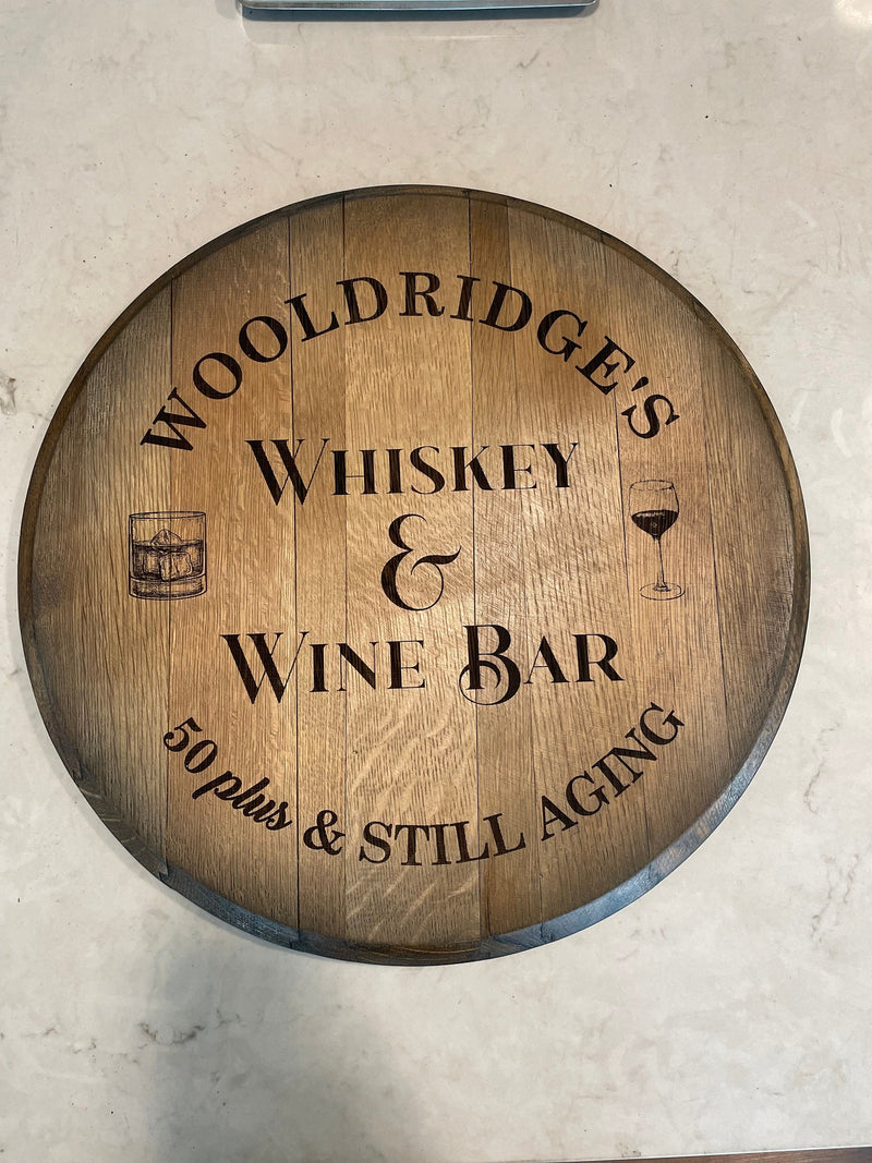 Custom made Bourbon Barrel Bistro/Pub Table Table with glass insert- Custom designed laser engraving available