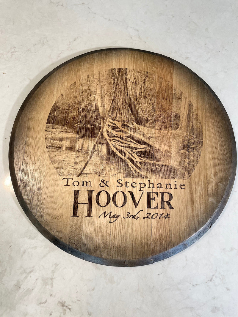 Custom Commemorative Photo Engraved Whiskey Barrel Head