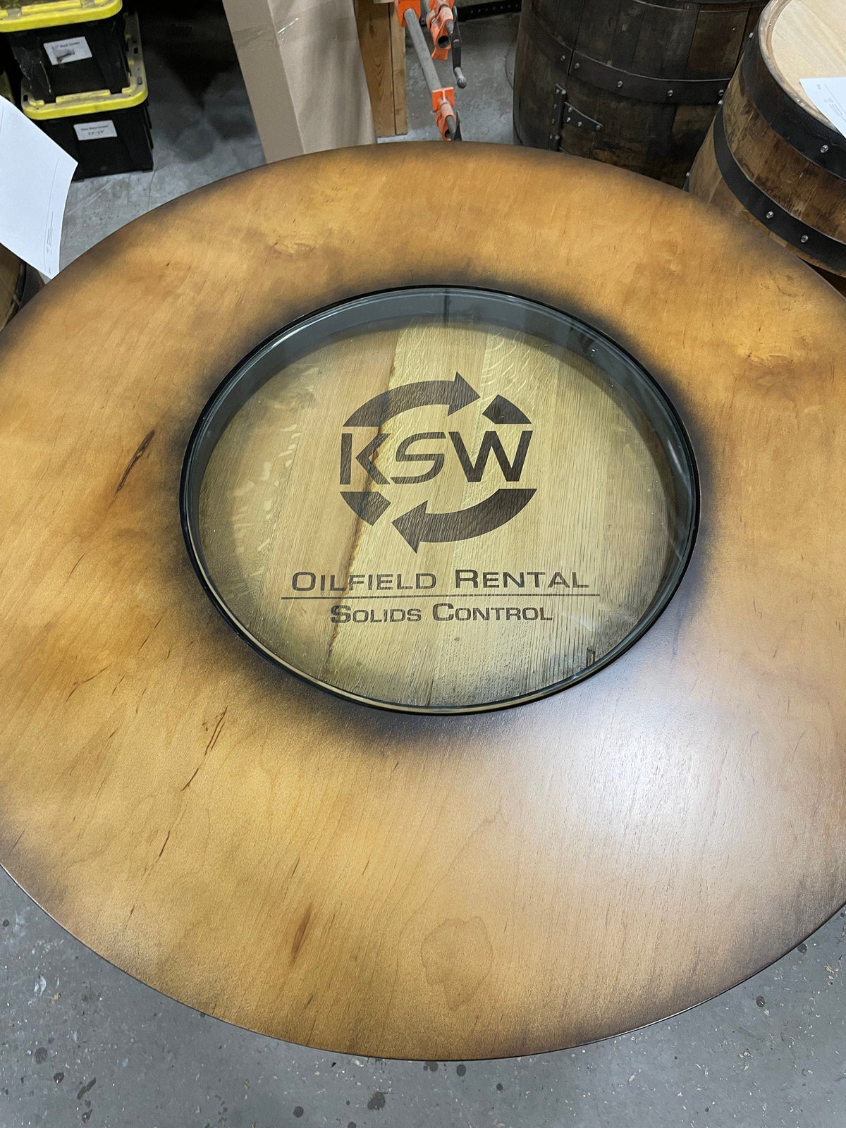 Custom made Bourbon Barrel Bistro/Pub Table Table with cabinet base and glass insert- Custom designed laser engraving available, photo 6 of 20