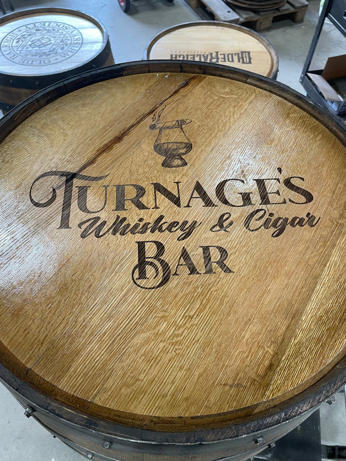 Custom made Bourbon Barrel Bistro/Pub Table Table with cabinet base and glass insert- Custom designed laser engraving available, photo 9 of 20