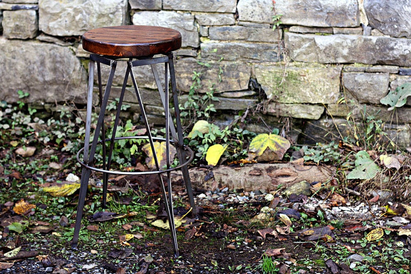 Bar stools counter height industrial - Reclaimed wood bar stool with metal legs - Vintage style tall swivel pub stools