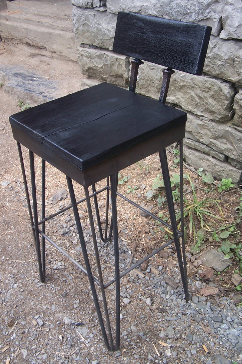 15x15 Black Counter Stool, 18-34in Height Dark Wood Barstool, Industrial Bar Height Stool, Railroad Spike Stool, Rustic Bar Stool With Back
