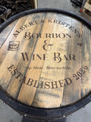 Custom made Bourbon Barrel Bistro/Pub Table Table with cabinet base and glass insert- Custom designed laser engraving available