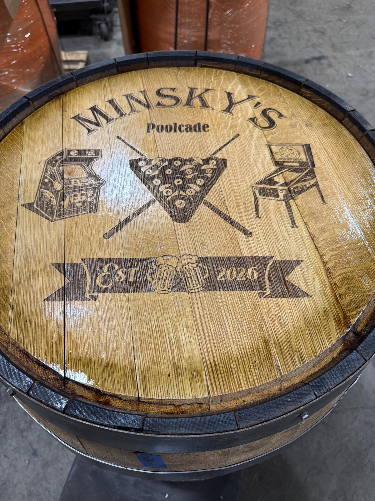 Custom made Bourbon Barrel Bistro/Pub Table Table with cabinet base and glass insert- Custom designed laser engraving available, photo 11 of 20