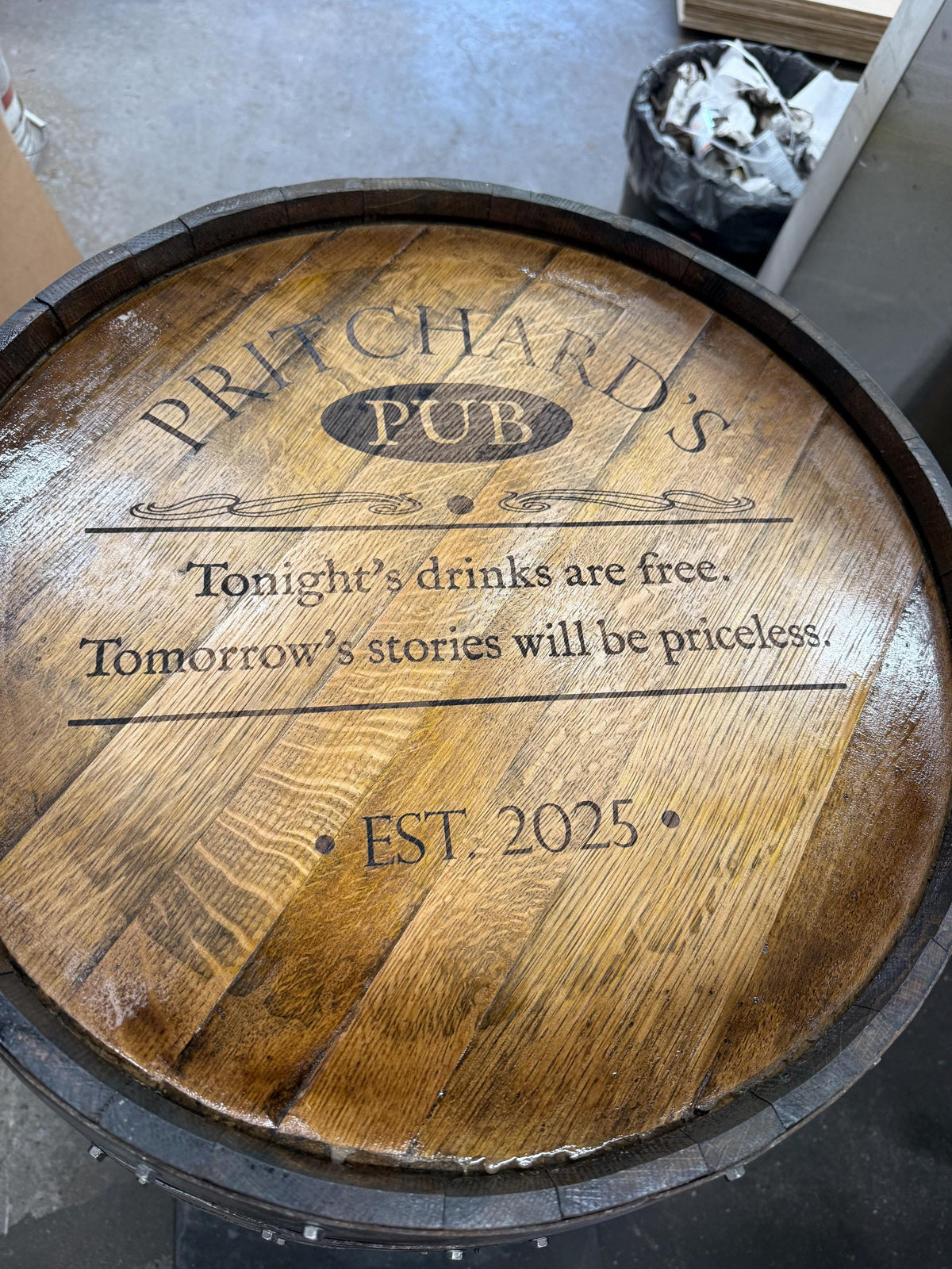 Custom made Bourbon Barrel Bistro/Pub Table Table with glass insert- Custom designed laser engraving available, photo 18 of 20