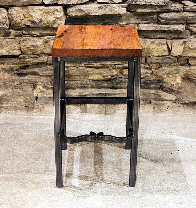 Square counter height bar stool -RIGHT PROPER - Industrial counter stools reclaimed wood - Kitchen island bar stools backless Danish modern