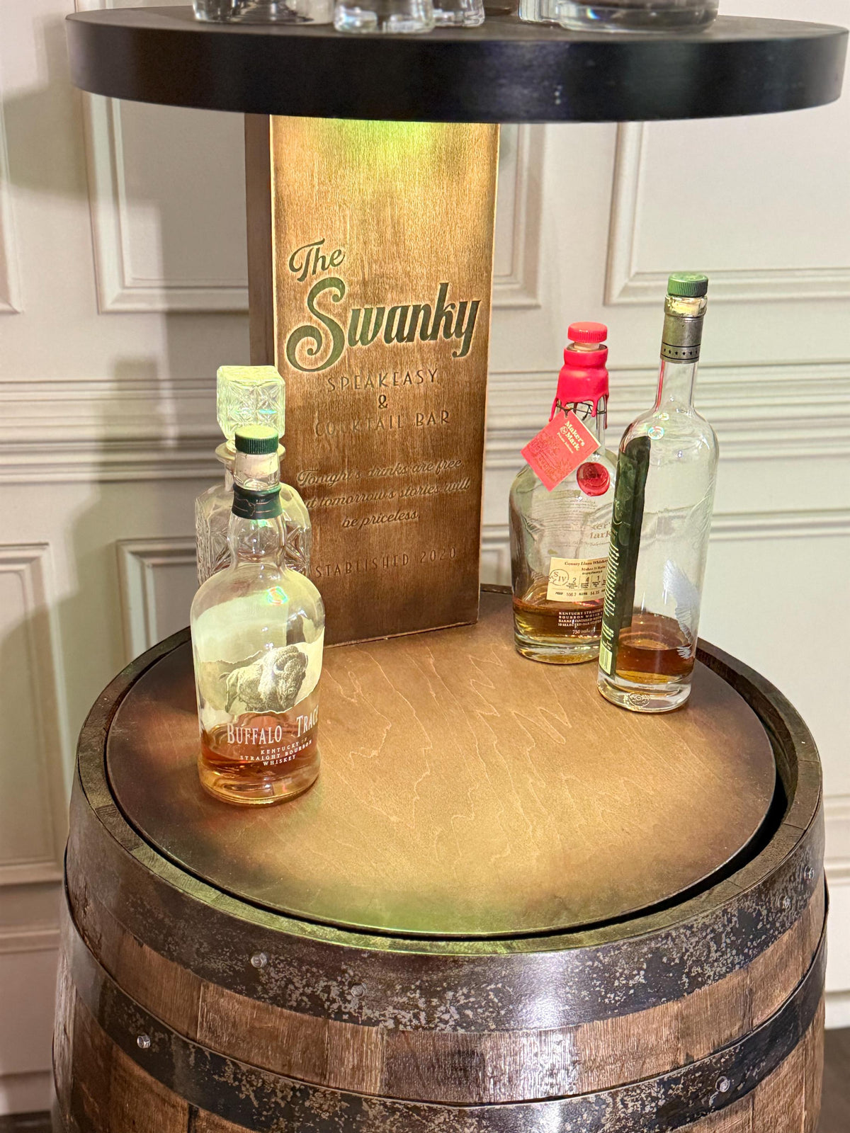 Motorized Pop Up Bourbon Barrel Cabinet.  Remote control & LED lighting.  Works with Alexa and Google Home. Custom engraving available., photo 9 of 20