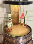Motorized Pop Up Bourbon Barrel Cabinet.  Remote control & LED lighting.  Works with Alexa and Google Home. Custom engraving available.