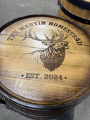 Motorized Pop Up Bourbon Barrel Cabinet.  Remote control & LED lighting.  Works with Alexa and Google Home. Custom engraving available.