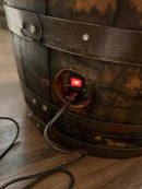 Motorized Pop Up Bourbon Barrel Cabinet.  Remote control & LED lighting.  Works with Alexa and Google Home. Custom engraving available.