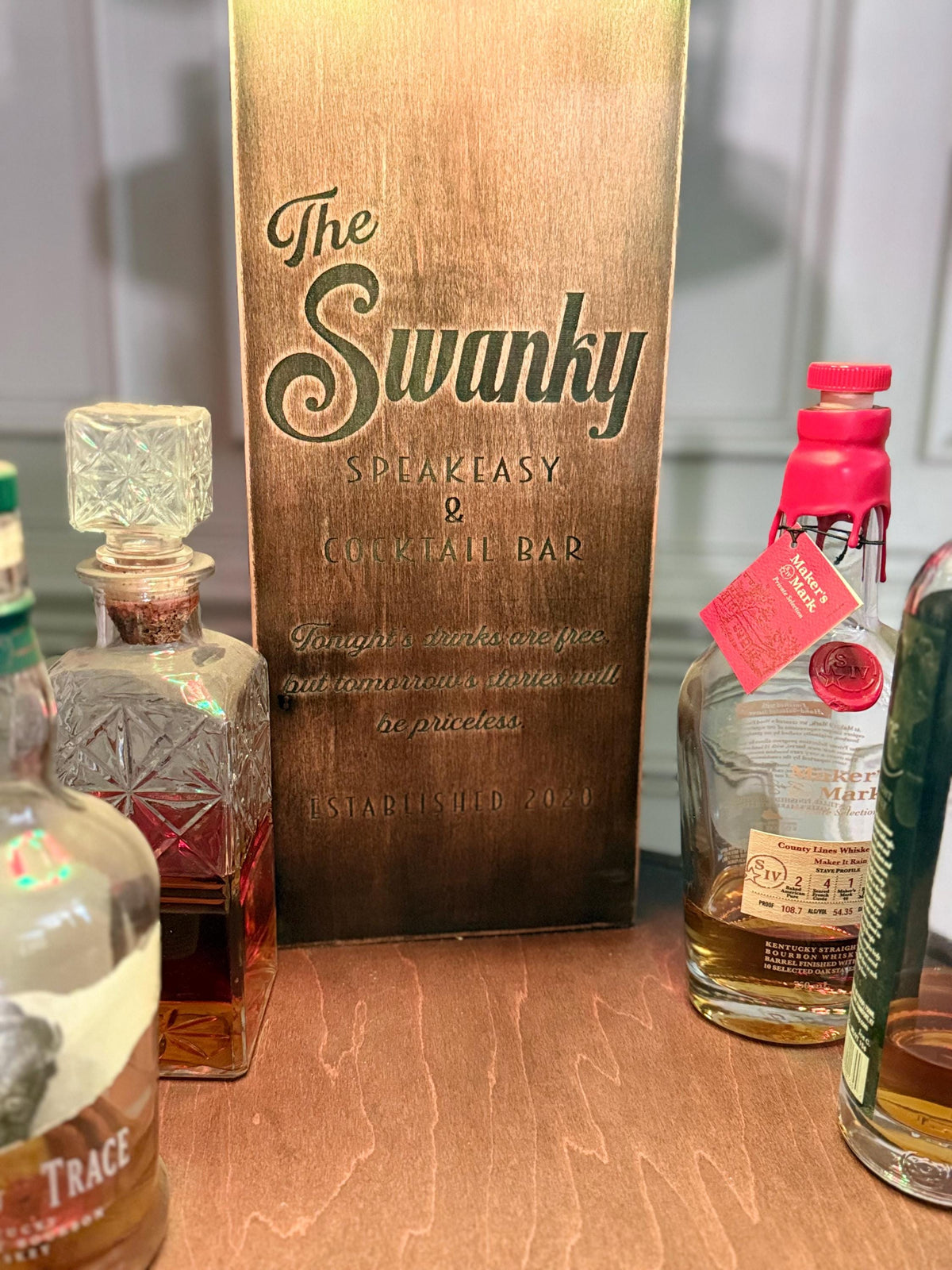 Motorized Pop Up Bourbon Barrel Cabinet.  Remote control & LED lighting.  Works with Alexa and Google Home. Custom engraving available., photo 2 of 20