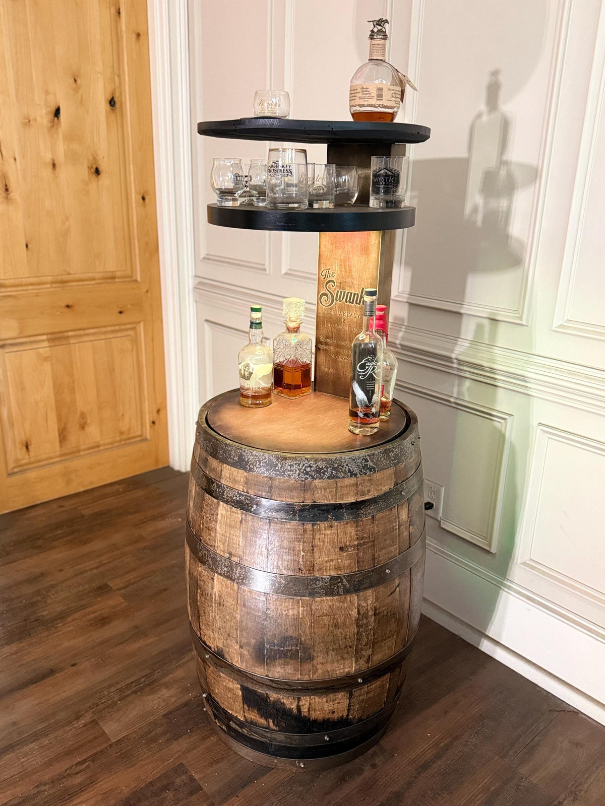 Motorized Pop Up Bourbon Barrel Cabinet.  Remote control & LED lighting.  Works with Alexa and Google Home. Custom engraving available., photo 8 of 20